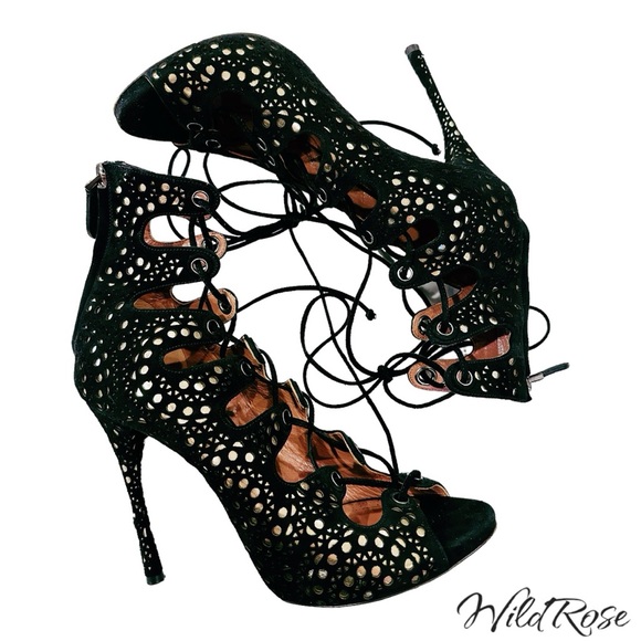 ALAIA AZZEDINE LASER CUT OUT BLACK SUEDE  GLADIATOR BOOTIE HEELS SZ 37.5 - Picture 10 of 17